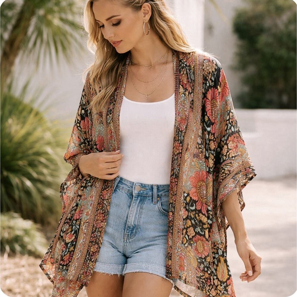 Dolma OS Boho Floral Sheer Paisley Sheer Cardigan Anthro Style Kimono Duster